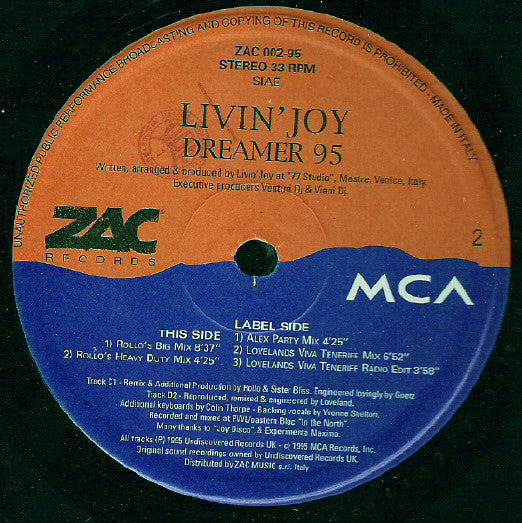 Livin' Joy – Dreamer 95 (12", Italy - 1995)
