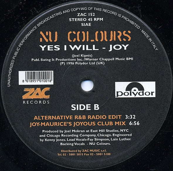 Nu Colours – Yes I Will (12", Italy - 1997)
