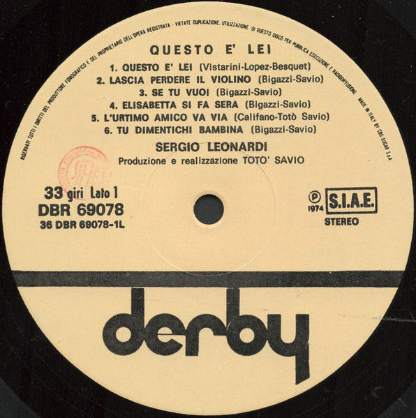 Sergio Leonardi – Questo È Lei (LP, Album, Italy - 1974)