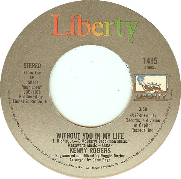 Kenny Rogers – I Don't Need You / Without You In My Life (7", US - 1981)
