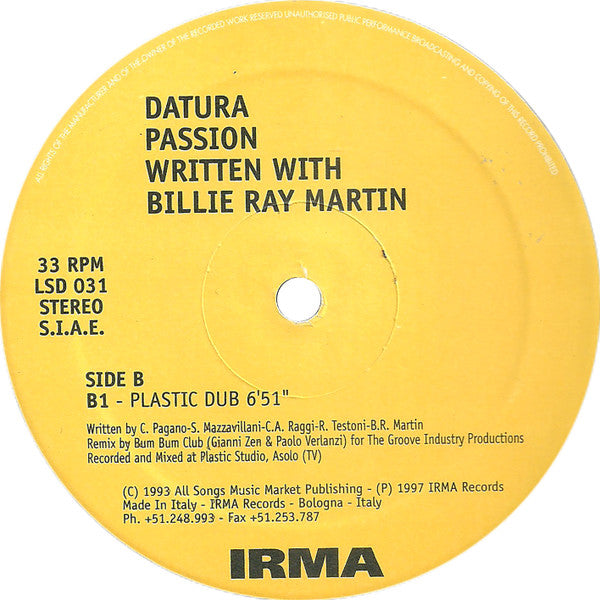 Datura – Passion (The Remixes) (12", Italy - 1997)