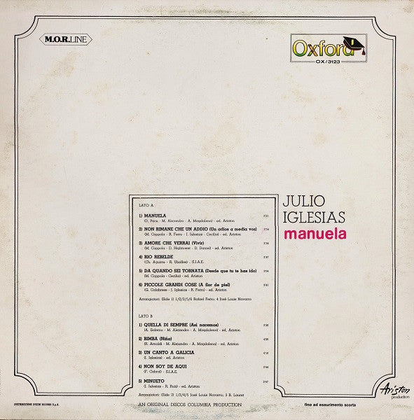 Julio Iglesias – Manuela (LP, Album, Reissue, Italy - 1978)