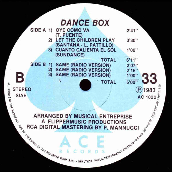 Dance Box (2) – "Oye Como Va" Medley With "Let The Children" And "Cuanto Calienta El Sol" (12", Italy - 1983)