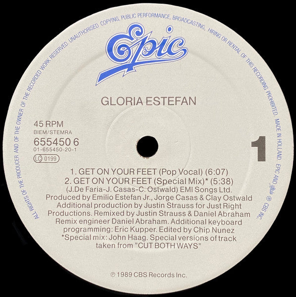 Gloria Estefan – Get On Your Feet (12", Europe - 1989)
