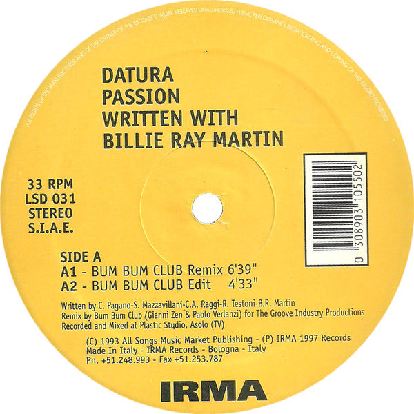 Datura – Passion (The Remixes) (12", Italy - 1997)