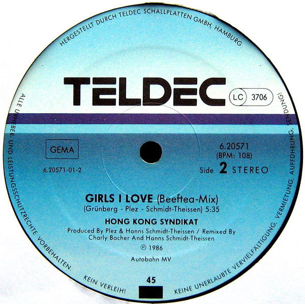 Hongkong Syndikat – Girls I Love (12", Germany - 1986)