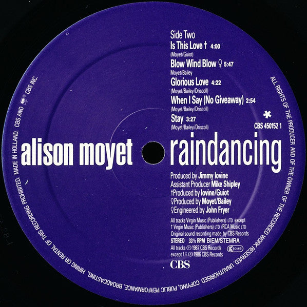 Alison Moyet – Raindancing (LP, Album, Europe - 1987)