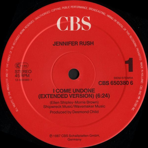 Jennifer Rush – I Come Undone (12", Europe - 1987)