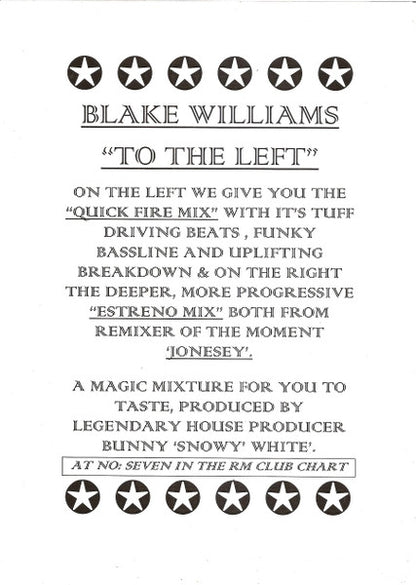 Blake Williams – To The Left (Jonesey Mixes) (12", UK - 1998)