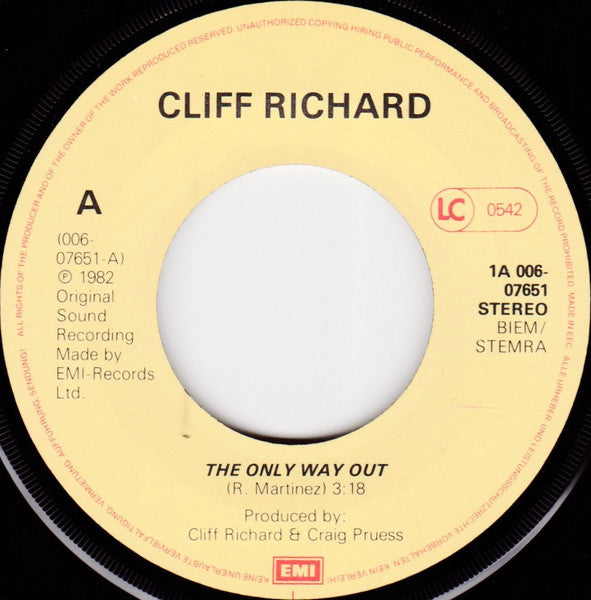 Cliff Richard – The Only Way Out (7", Europe - 1982)