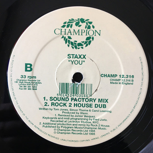 Staxx – You (12", UK - 1995)