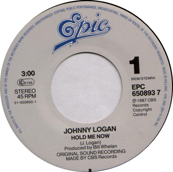 Johnny Logan – Hold Me Now (7", Europe - 1987)
