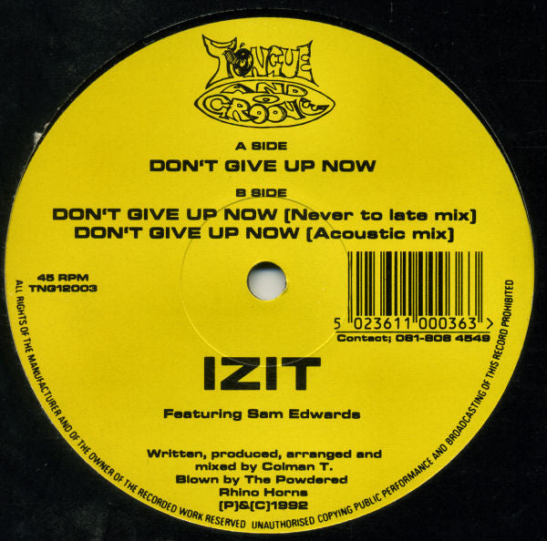 Izit, Sam Edwards – Don't Give Up Now (12", UK - 1992)
