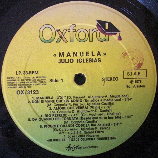 Julio Iglesias – Manuela (LP, Album, Reissue, Italy - 1978)
