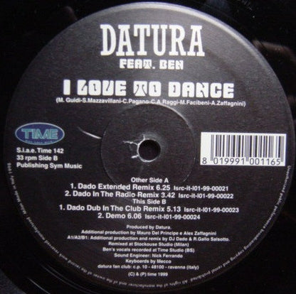Datura, Ben Volpeliere-Pierrot – I Love To Dance (12", Italy - 1999)