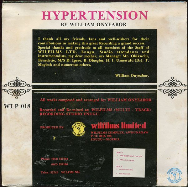 William Onyeabor – Hypertension (LP, Album, Nigeria - 1982)