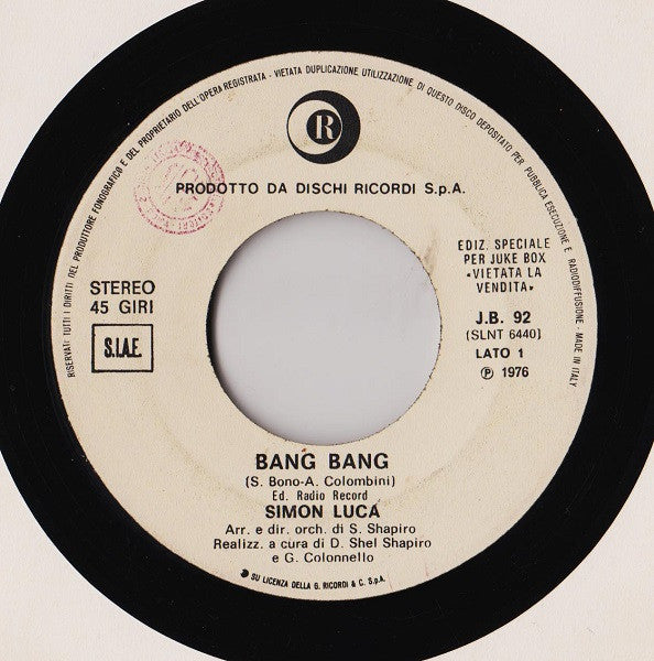 Simon Luca, El Tigre (2) – Bang Bang / Op Eh Op (7", Italy - 1976)