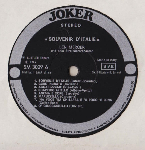 Len Mercer And His Orchestra – Souvenir D'Italie (LP, Reissue, Compilation, Italy)