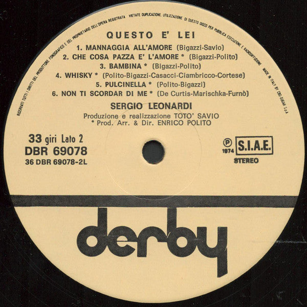 Sergio Leonardi – Questo È Lei (LP, Album, Italy - 1974)