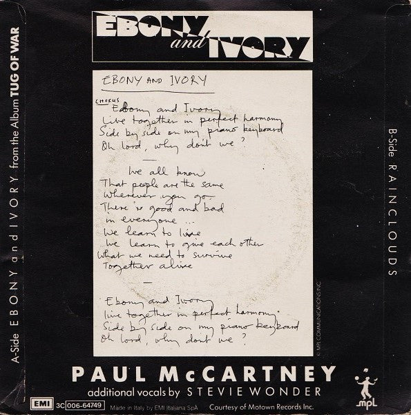 Paul McCartney – Ebony And Ivory (7", Italy - 1982)