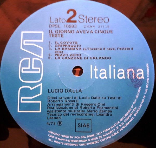 Lucio Dalla – Il Giorno Aveva Cinque Teste (LP, Album, Italy - 1973)