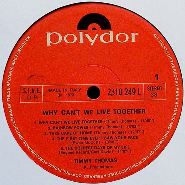 Timmy Thomas – Why Can't We Live Together (LP, Album, Italy - 1973)