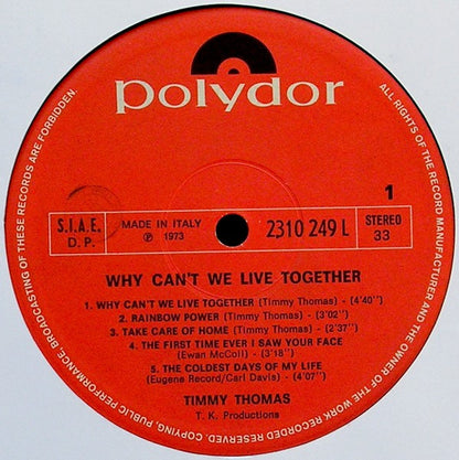 Timmy Thomas – Why Can't We Live Together (LP, Album, Italy - 1973)