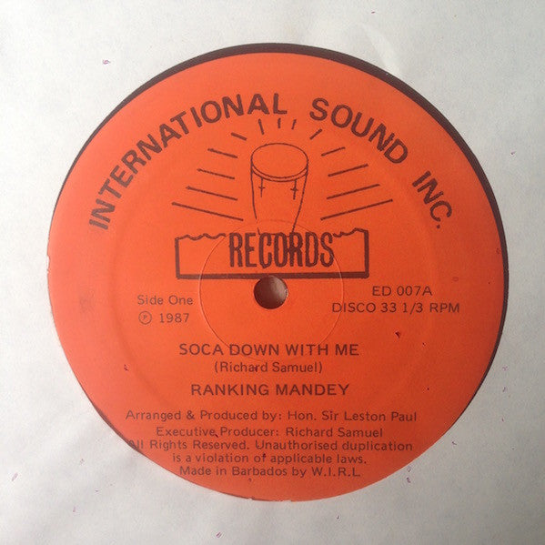 Ranking Mandey – Soca Down With Me (12", Barbados - 1987)