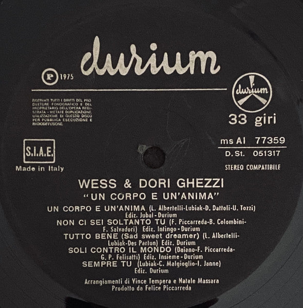 Wess And Dori Ghezzi – Un Corpo E Un'Anima (LP, Album, Italy - 1975)