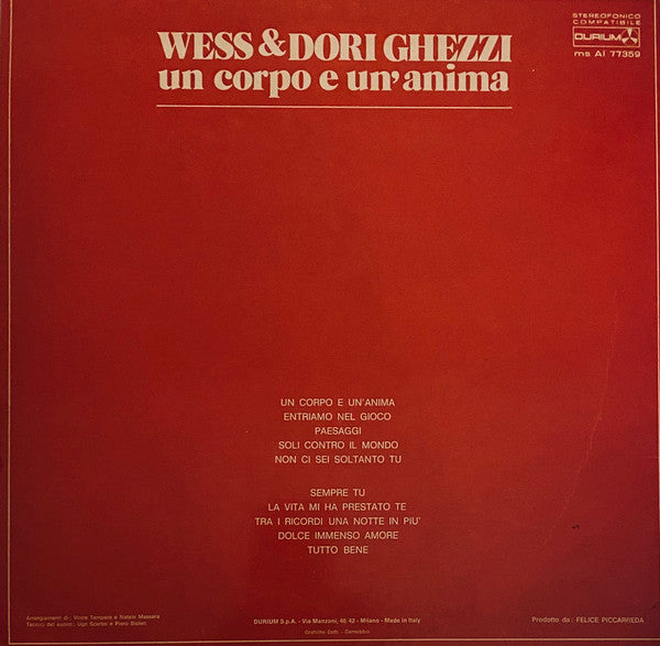 Wess And Dori Ghezzi – Un Corpo E Un'Anima (LP, Album, Italy - 1975)
