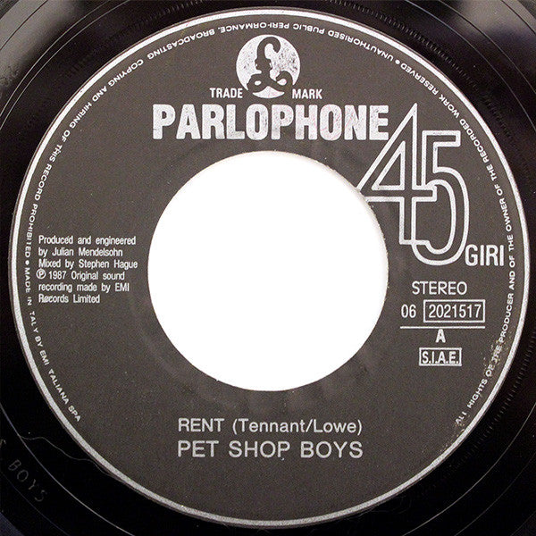 Pet Shop Boys – Rent (7", Italy - 1987)