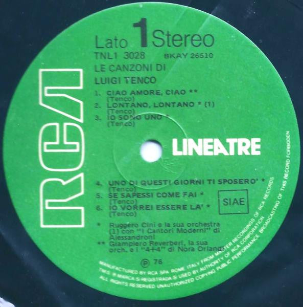 Luigi Tenco – Le Canzoni Di Luigi Tenco (LP, Reissue, Compilation, Italy - 1976)