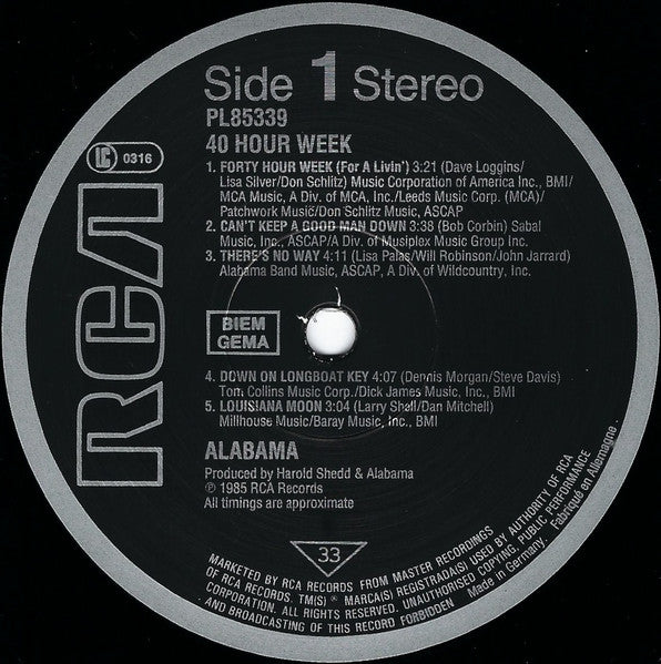 Alabama – 40 Hour Week (LP, Album, Europe - 1985)