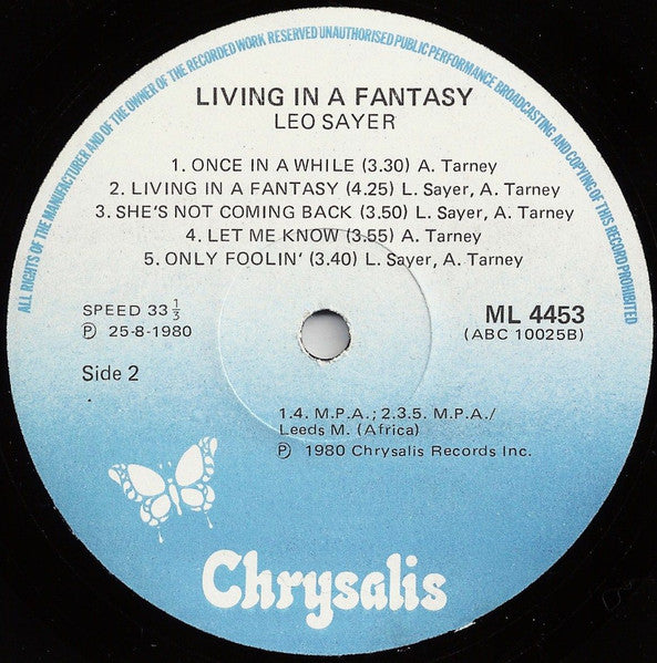 Leo Sayer – Living In A Fantasy (LP, Album, South Africa - 1980)