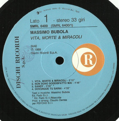 Massimo Bubola – Vita, Morte & Miracoli (LP, Album, Italy - 1989)