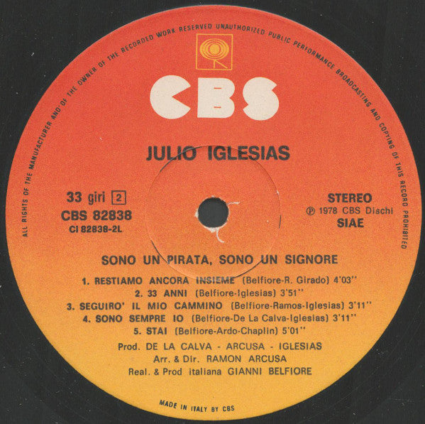 Julio Iglesias – Sono Un Pirata, Sono Un Signore (LP, Album, Italy - 1978)