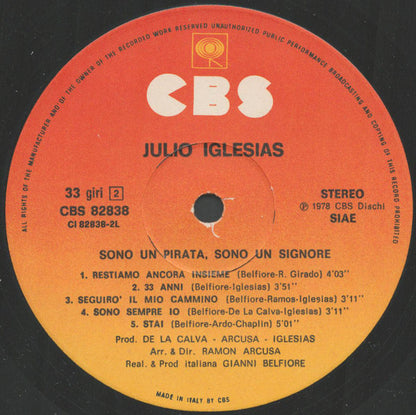 Julio Iglesias – Sono Un Pirata, Sono Un Signore (LP, Album, Italy - 1978)