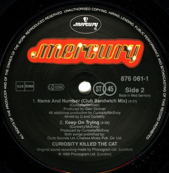 Curiosity Killed The Cat – Name And Number (12", Europe - 1989)