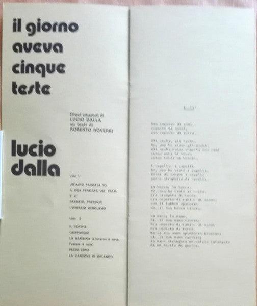 Lucio Dalla – Il Giorno Aveva Cinque Teste (LP, Album, Italy - 1973)