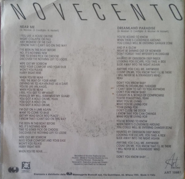 Novecento – Dreamland Paradise (7", Italy - 1986)