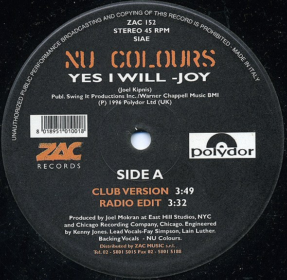 Nu Colours – Yes I Will (12", Italy - 1997)