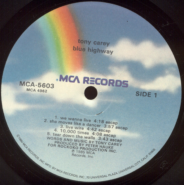 Tony Carey – Blue Highway (LP, Album, US - 1985)