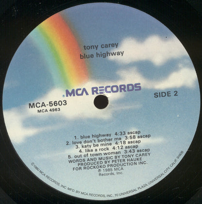 Tony Carey – Blue Highway (LP, Album, US - 1985)