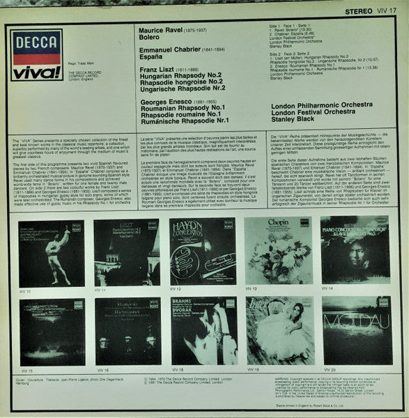 London Philharmonic Orchestra, Stanley Black – Bolero / España / Hungarian & Roumanian Rhapsodies = Ungarische Rapsodie / Rumanische Rapsodie (LP, Compilation, UK - 1981)