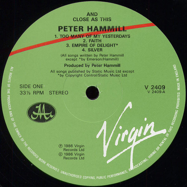 Peter Hammill – And Close As This (LP, Album, UK - 1986)