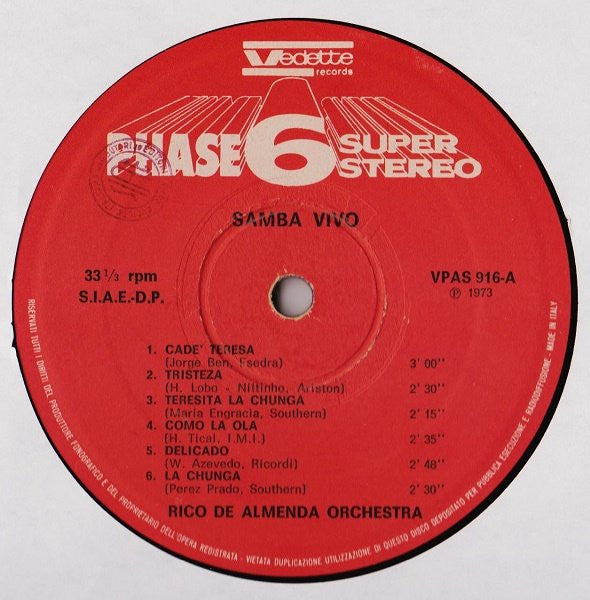 Rico De Almenda Orchestra – Samba Vivo (LP, Album, Italy - 1973)