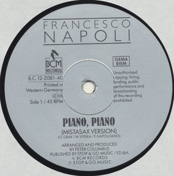Francesco Napoli – Piano, Piano (12", Germany - 1988)