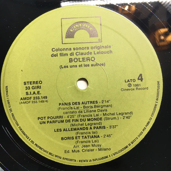 Francis Lai, Michel Legrand – Bolero (Colonna Sonora Originale) (LP, Album, Italy - 1981)