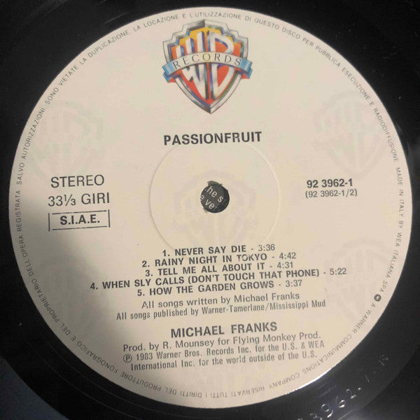 Michael Franks – Passionfruit (LP, Album, Italy - 1984)