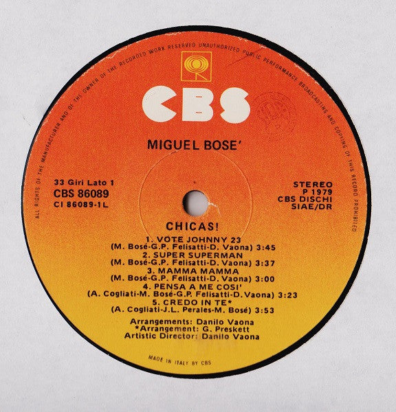 Miguel Bosé – Chicas! (LP, Album, Italy - 1979)
